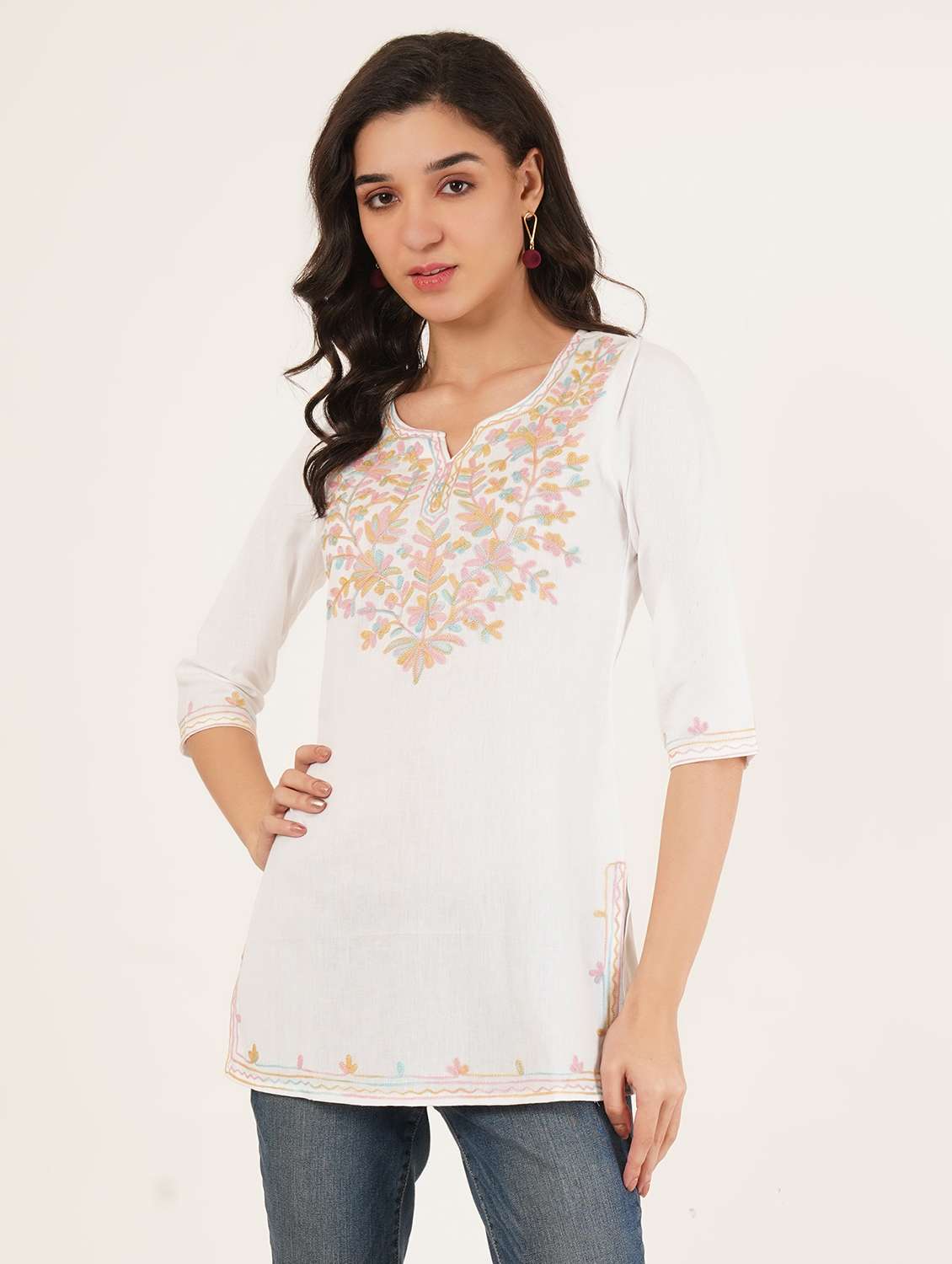 women embroidered three quarter sleeve straight kurti