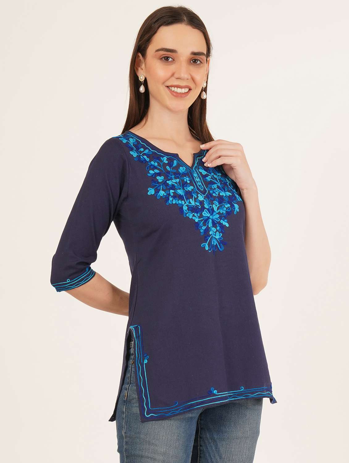 women embroidered three quarter sleeve straight kurti - 22065844 -  Standard Image - 2