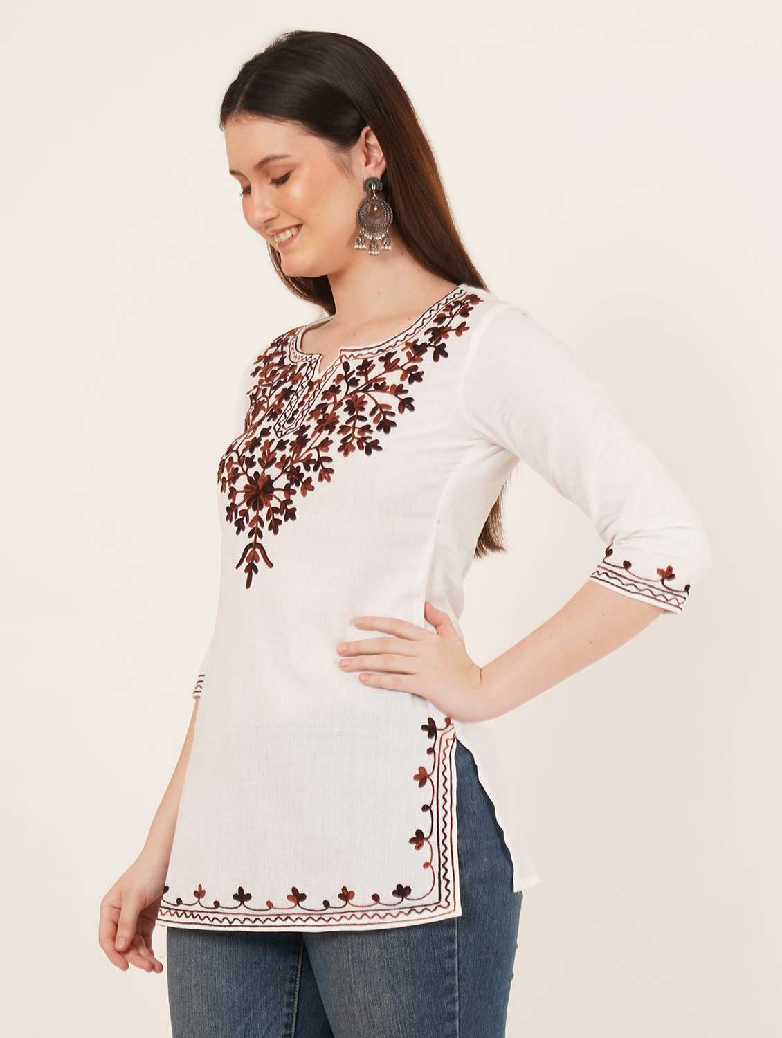 women embroidered three quarter sleeve straight kurti - 22065845 -  Standard Image - 2