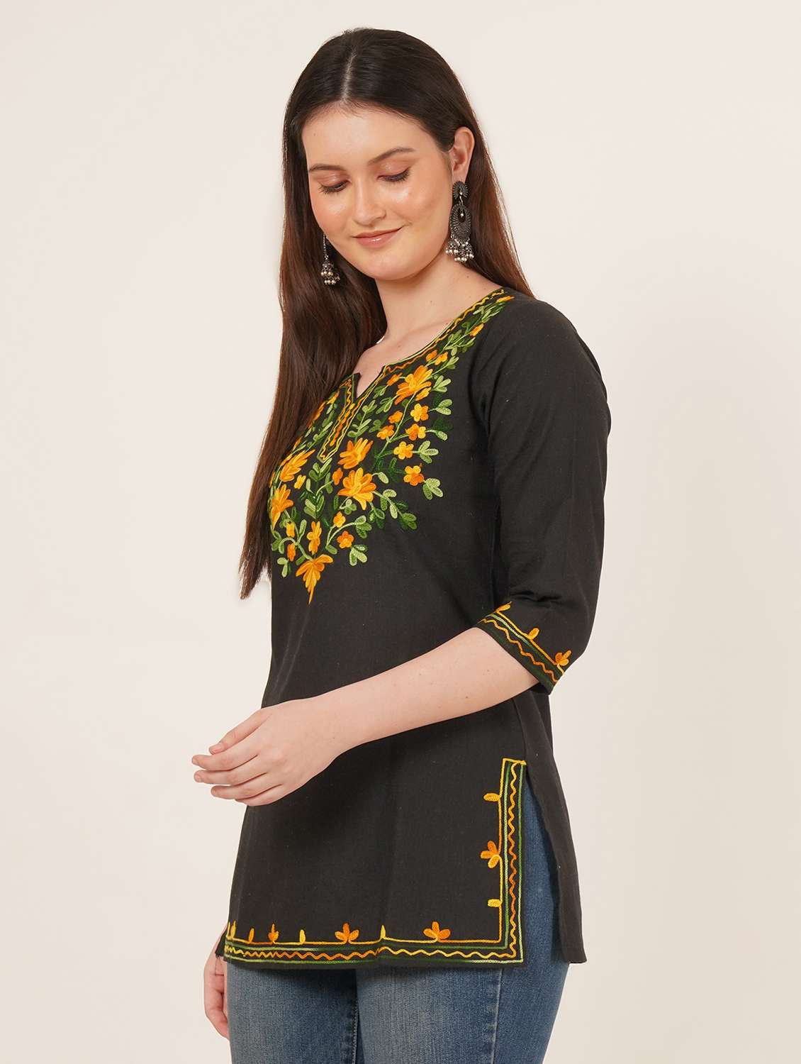 women embroidered three quarter sleeve straight kurti - 22065847 - Standard Image - 2