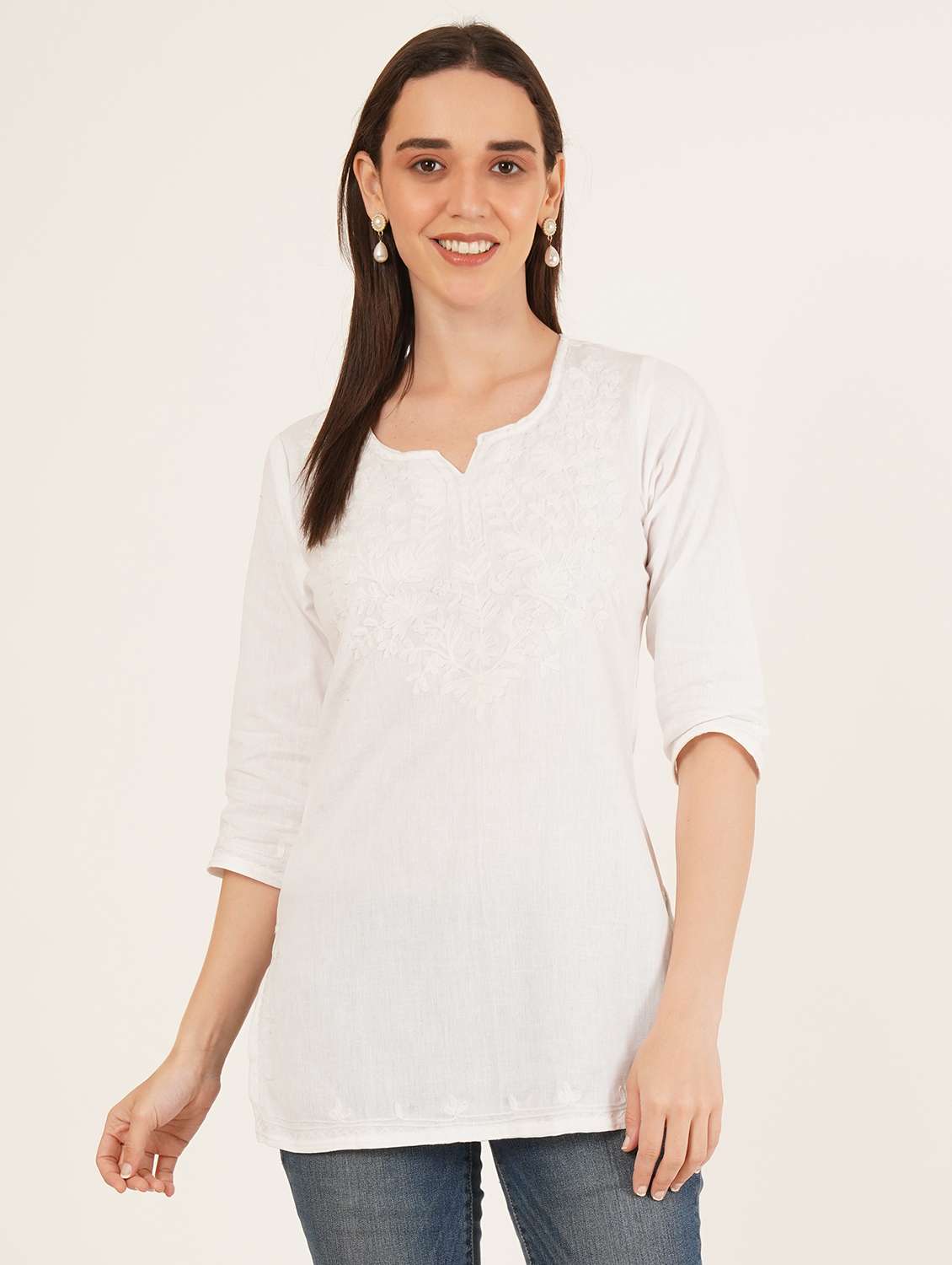 women embroidered three quarter sleeve straight kurti