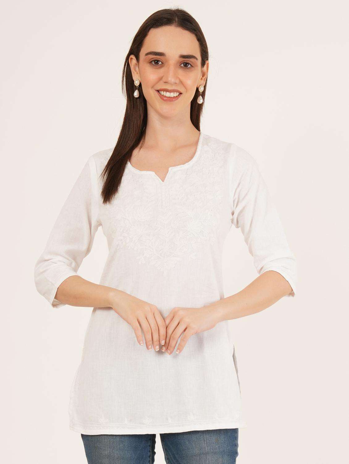 women embroidered three quarter sleeve straight kurti - 22065850 -  Standard Image - 2