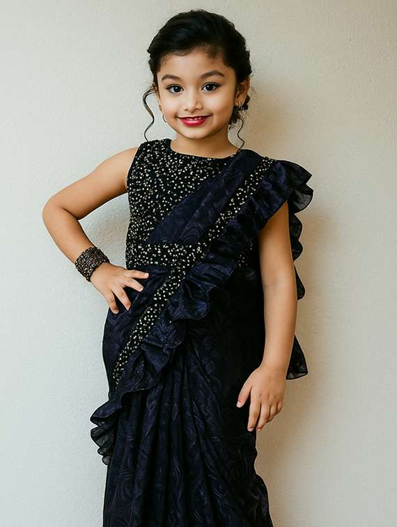 girls blue self designed ready to wear saree - 22065980 - Standard Image - 2