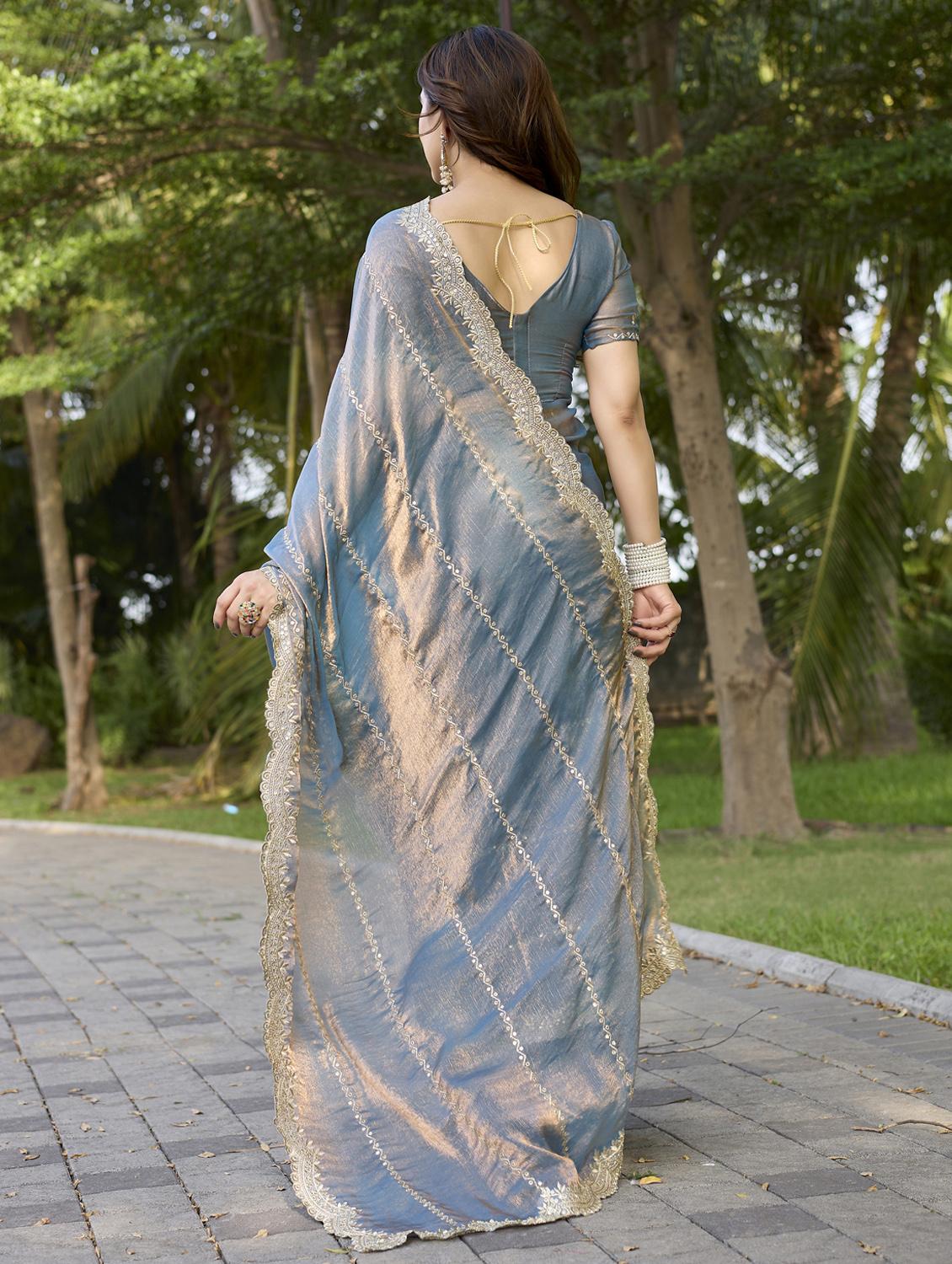 women solid with work embroidered saree with blouse - 22066064 - Standard Image - 2