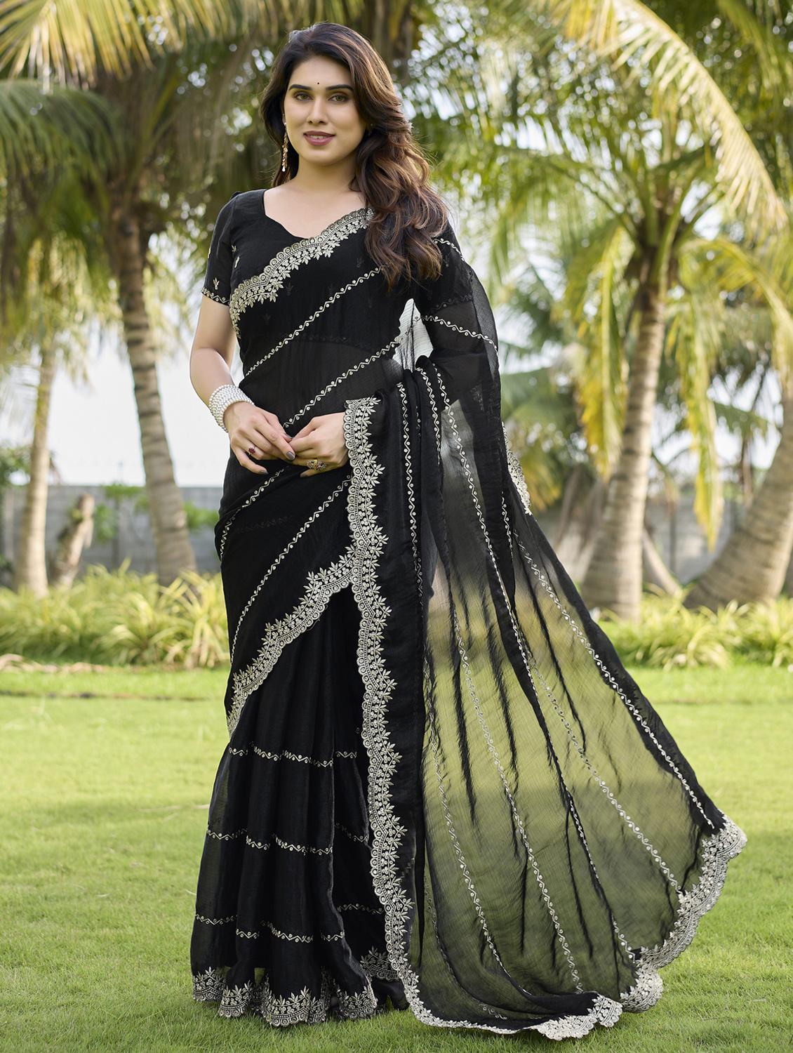 women solid with work embroidered saree with blouse - 22066065 -  Zoom Image - 0