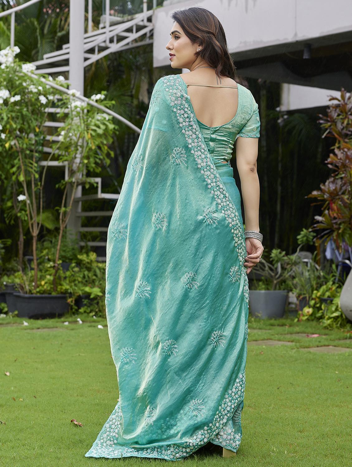 teal chiffon embroidered saree with blouse - 22066070 - Standard Image - 2