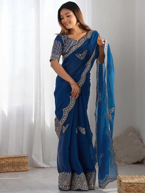 women solid with work embroidered saree with blouse - 22066122 - Standard Image - 0