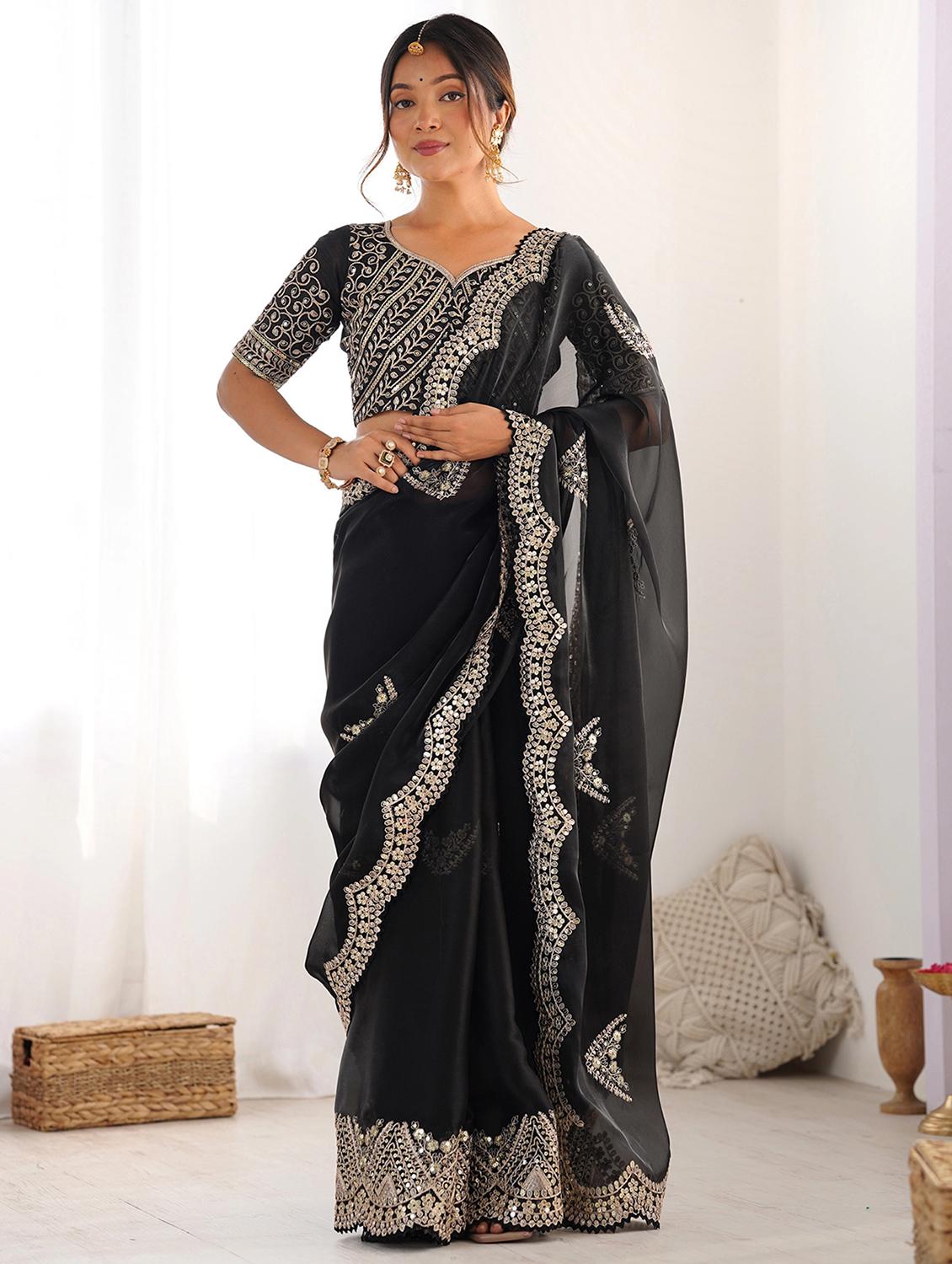 women solid with work embroidered saree with blouse - 22066124 - Zoom Image - 0