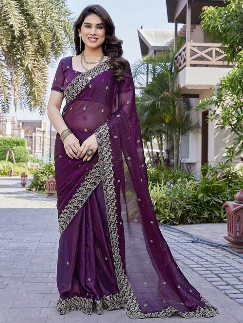 women solid with work embroidered saree with blouse - 22066131 - Standard Image - 0