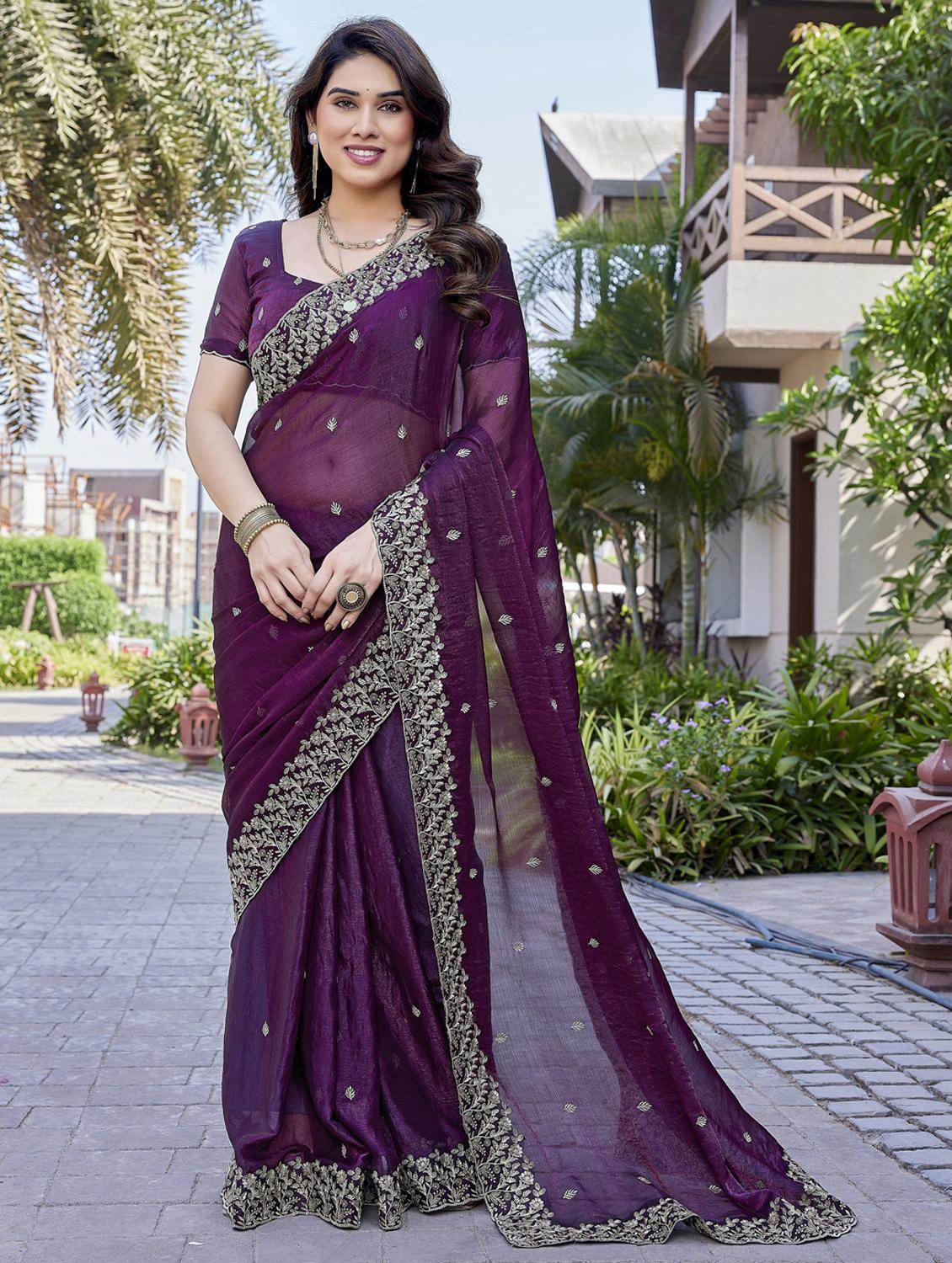 women solid with work embroidered saree with blouse - 22066131 - Zoom Image - 0