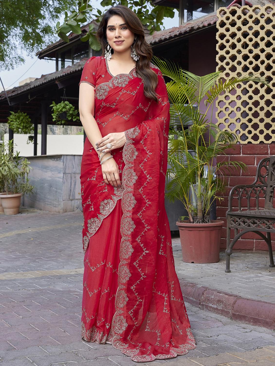 women solid with work embroidered saree with blouse - 22066143 - Zoom Image - 0