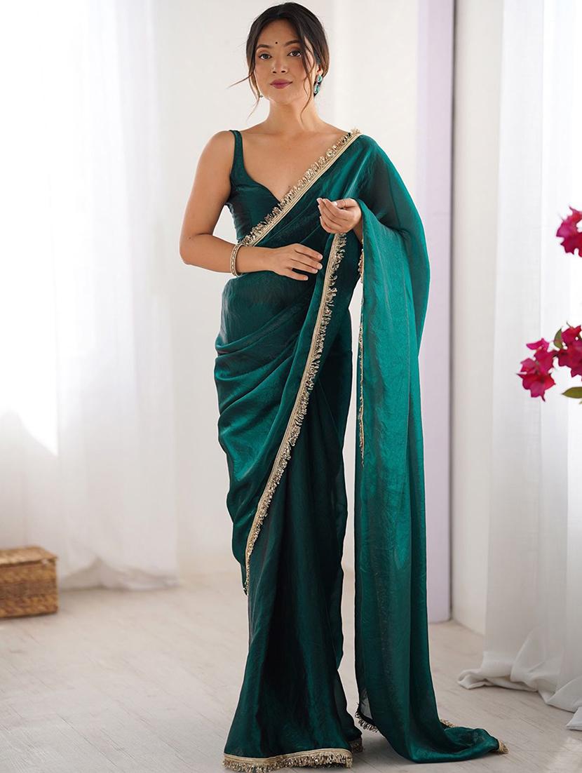 teal chiffon baluchari saree with blouse - 22066209 - Zoom Image - 0