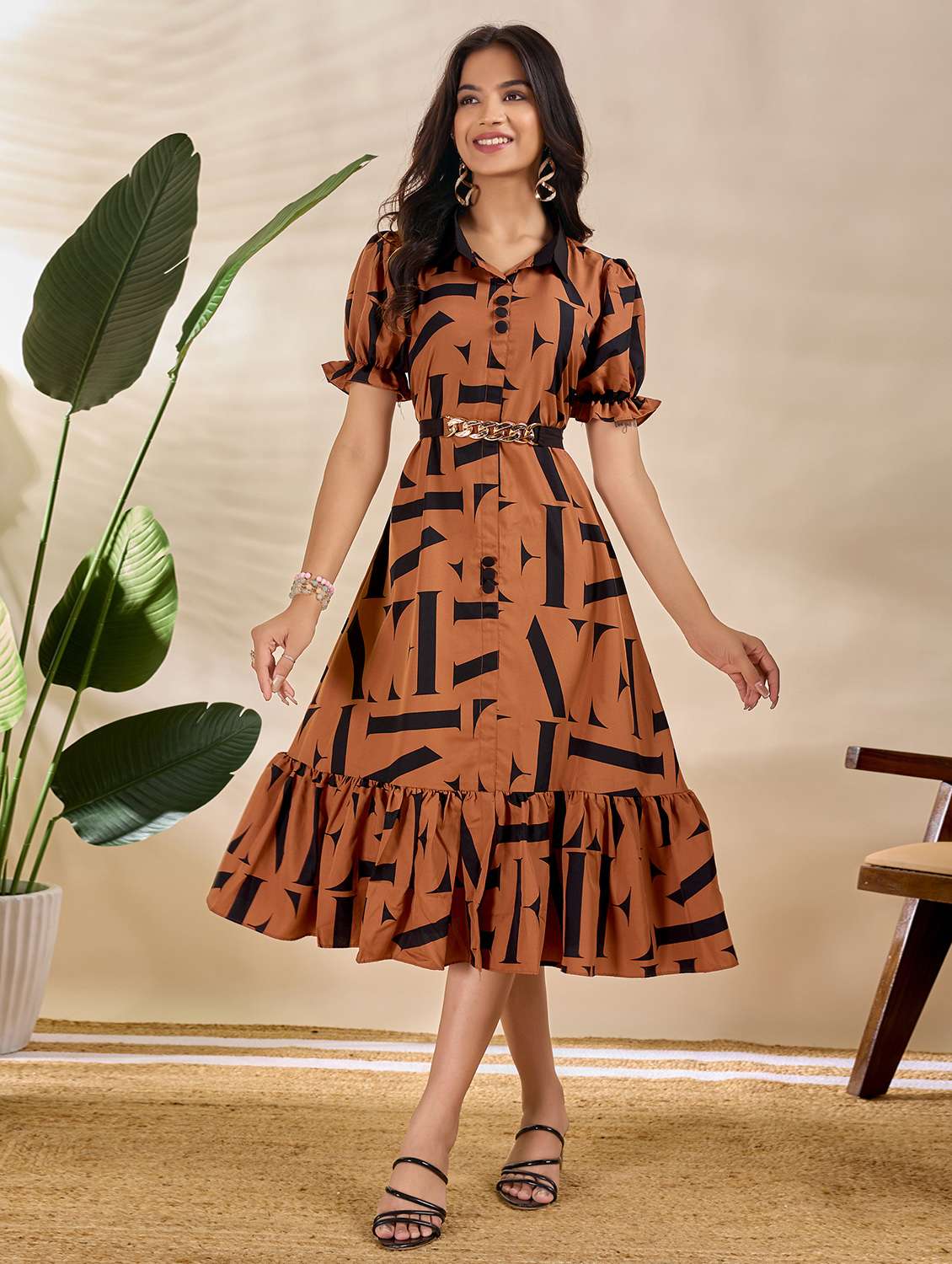 women printed puff sleeve tiered dress