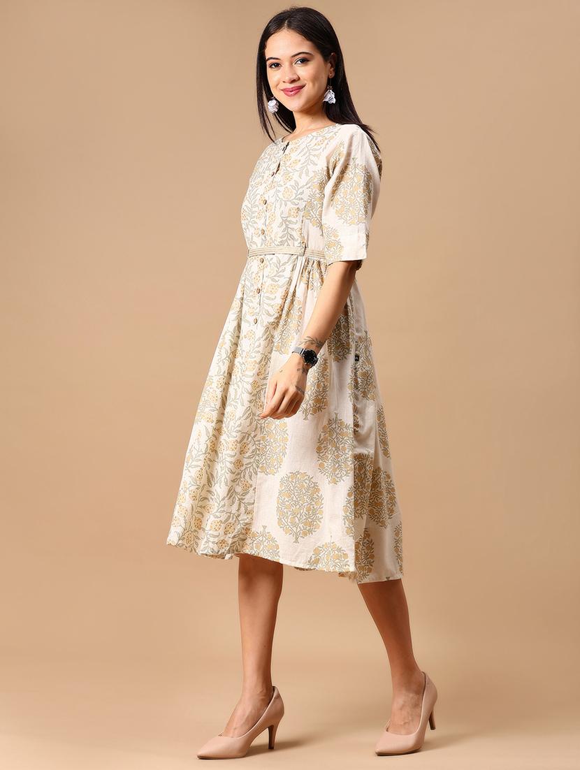 yellow cotton flared ethnic dress - 22066243 - Standard Image - 2