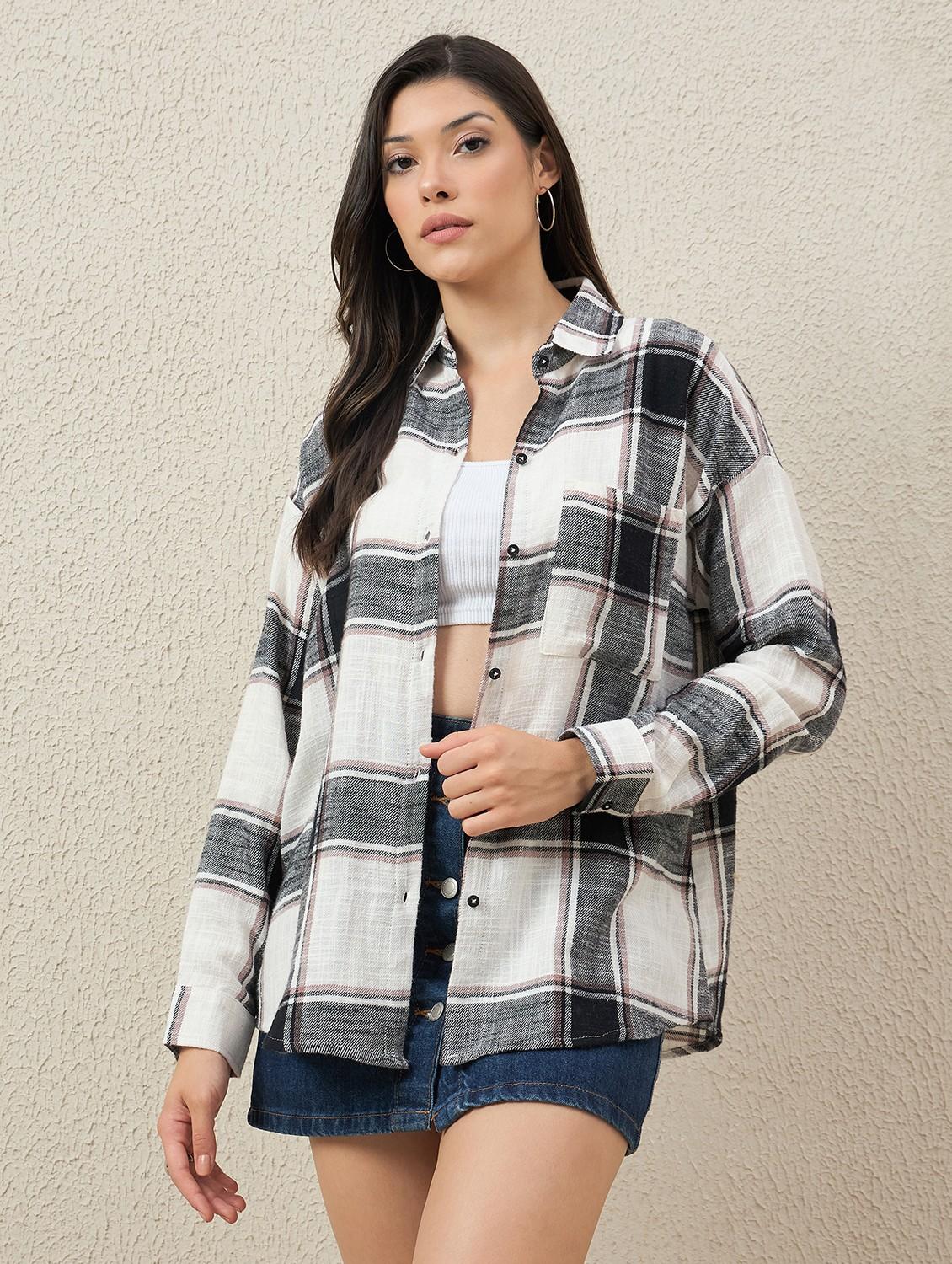 women checkered collared long sleeve oversized shirt - 22066306 - Standard Image - 2