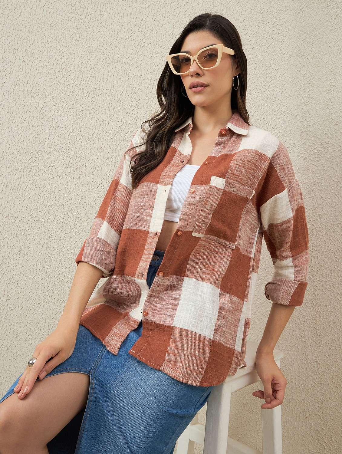 women checkered collared long sleeve oversized shirt