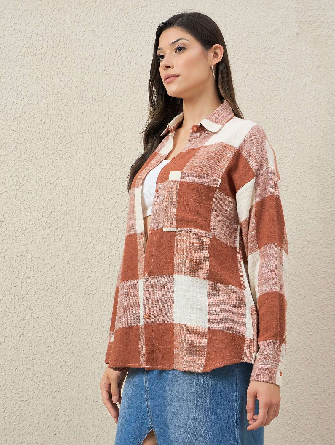 women checkered collared long sleeve oversized shirt - 22066307 - Standard Image - 2