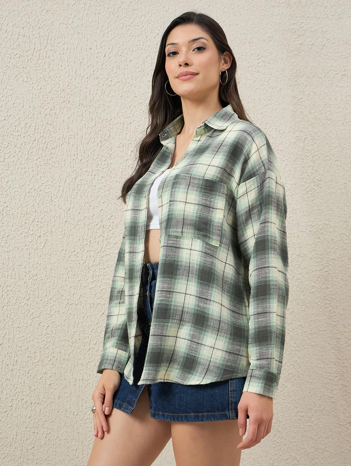 women checkered collared long sleeve oversized shirt - 22066309 - Standard Image - 2