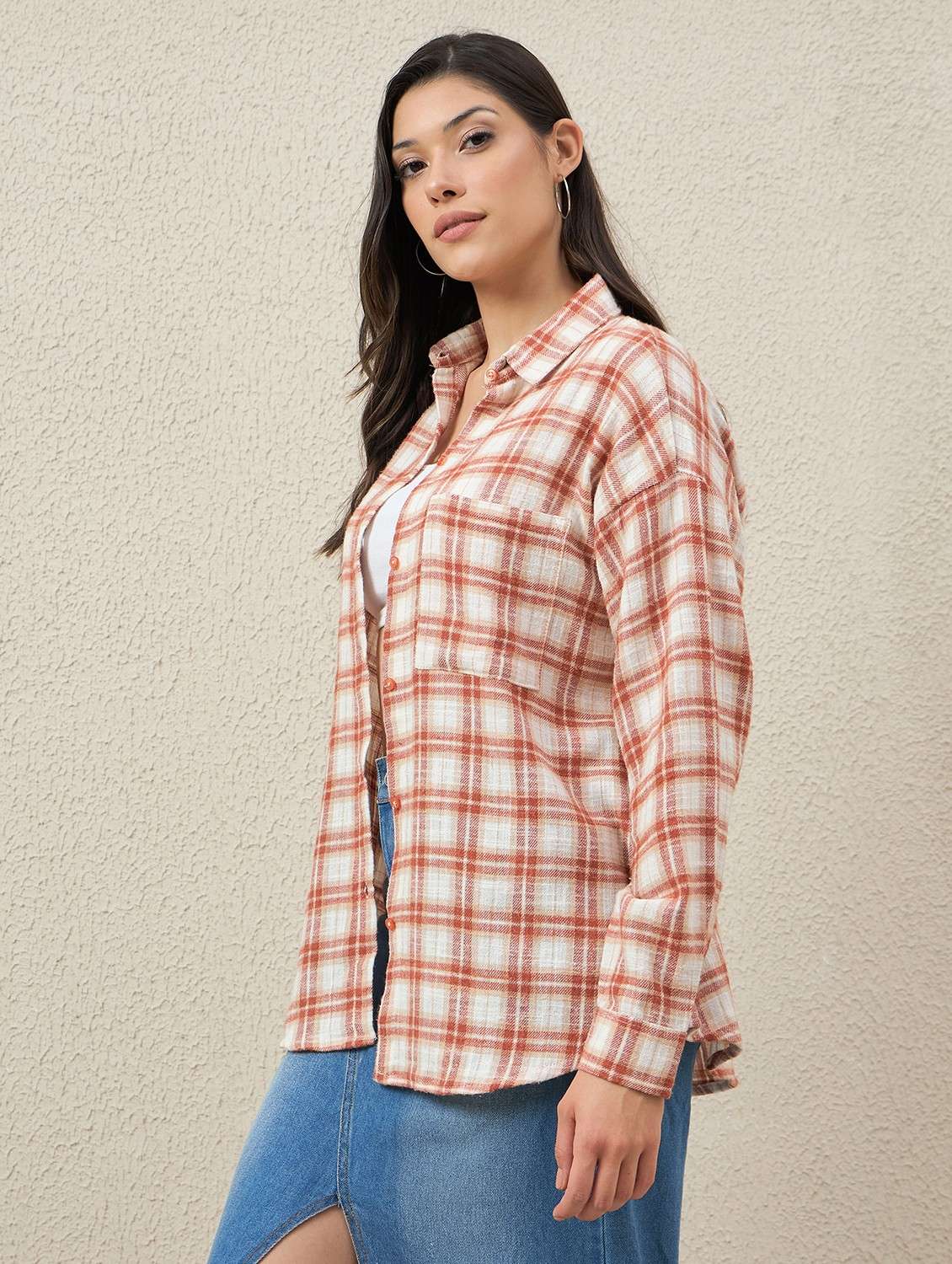 women checkered collared long sleeve oversized shirt - 22066310 - Standard Image - 2