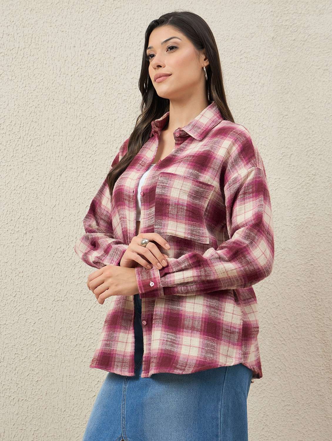women checkered collared long sleeve oversized shirt - 22066311 - Standard Image - 2