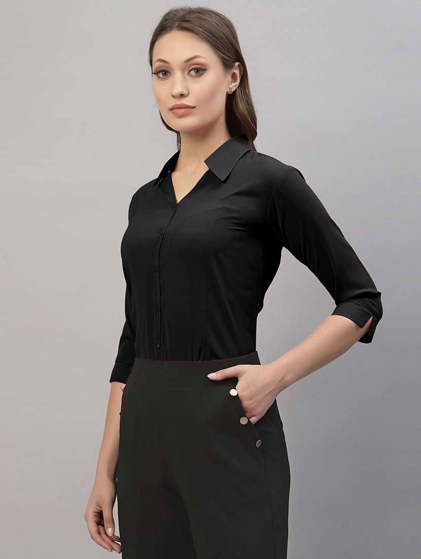 women solid collared three quarter sleeve shirt - 22066314 - Standard Image - 2