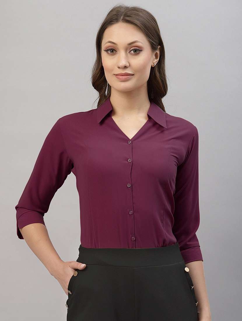 women solid collared three quarter sleeve shirt