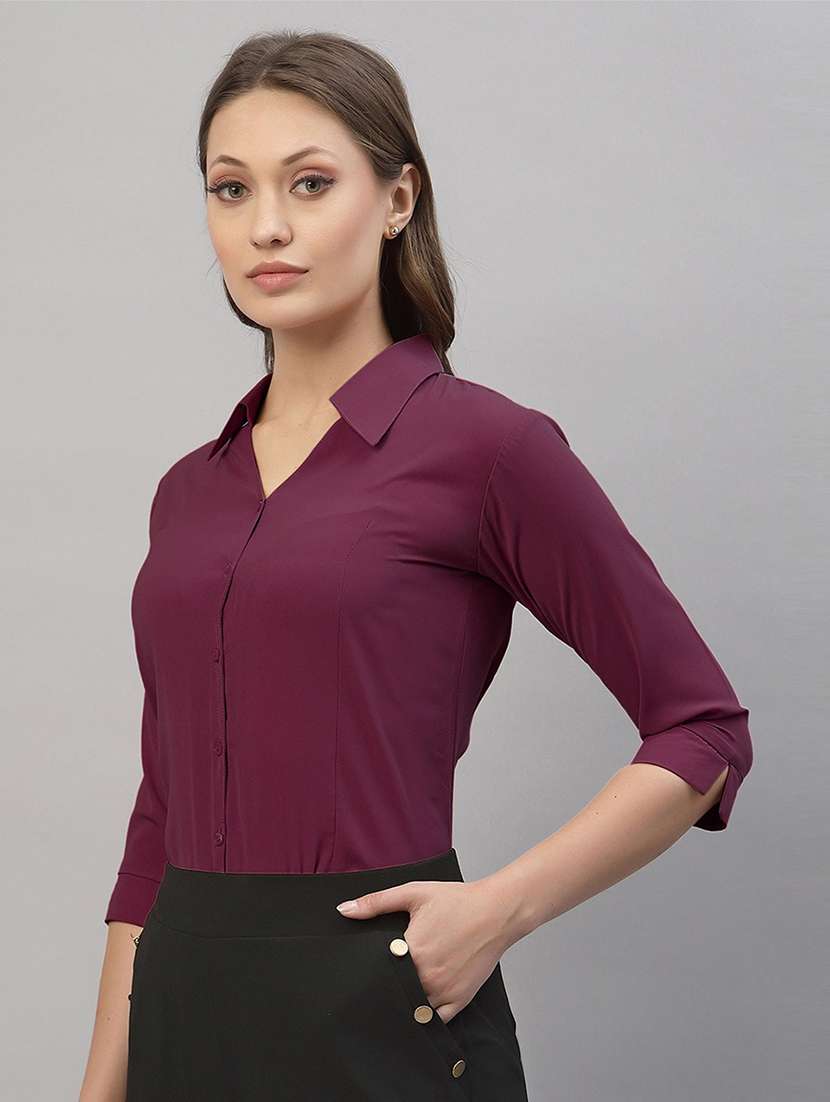 women solid collared three quarter sleeve shirt - 22066315 - Standard Image - 2