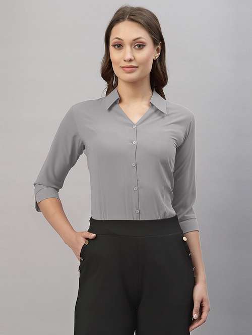 women solid collared three quarter sleeve shirt - 22066316 - Standard Image - 0