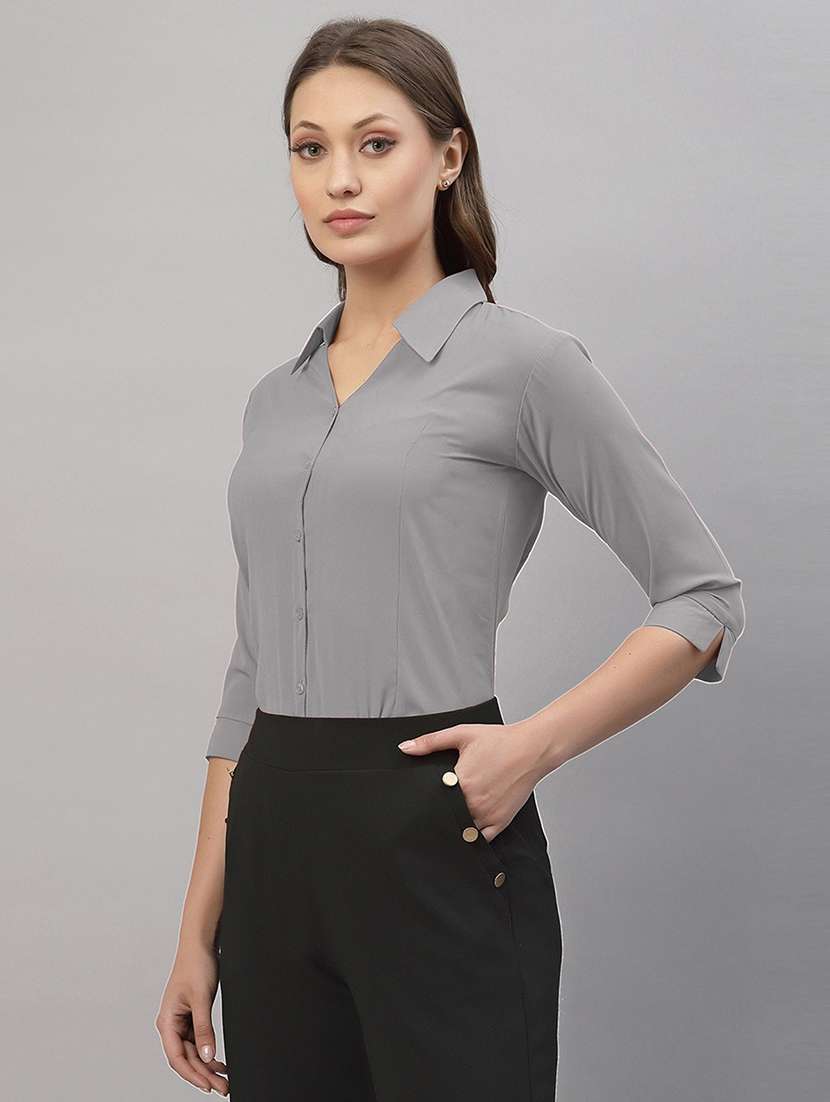 women solid collared three quarter sleeve shirt - 22066316 - Standard Image - 2