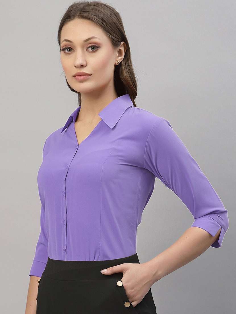 women solid collared three quarter sleeve shirt - 22066317 - Standard Image - 2