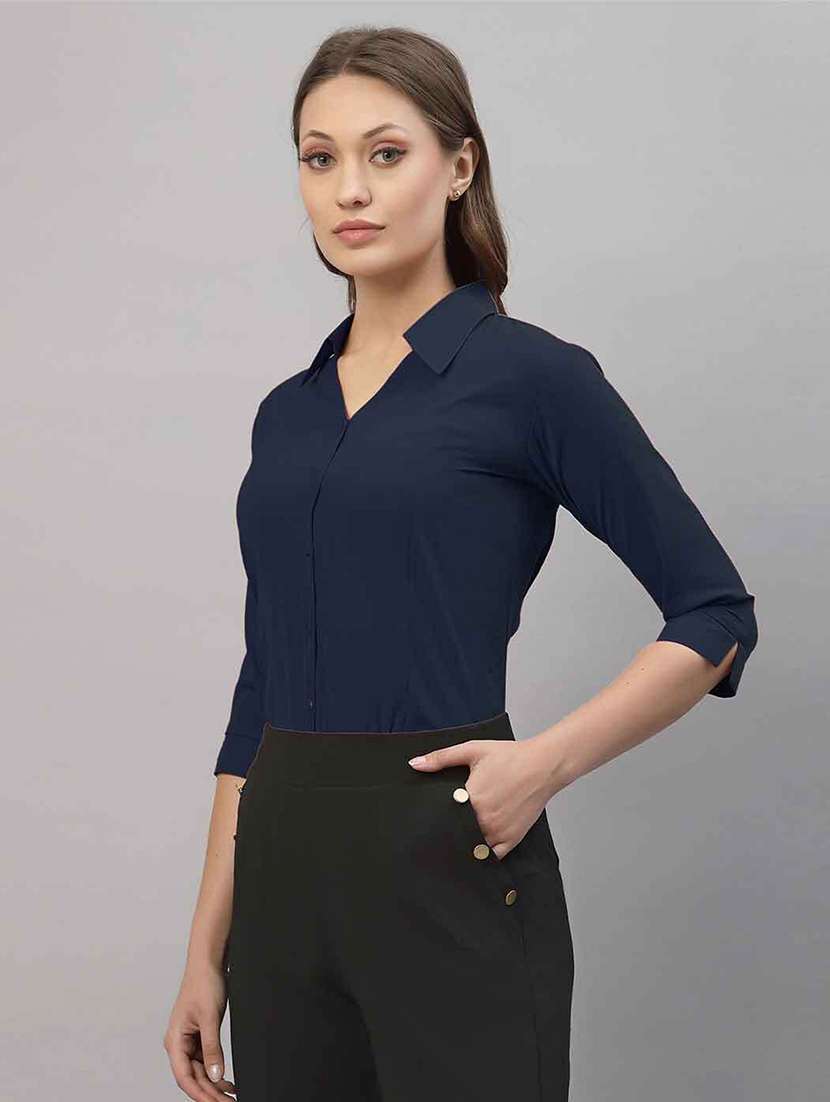 women solid collared three quarter sleeve shirt - 22066318 - Standard Image - 2