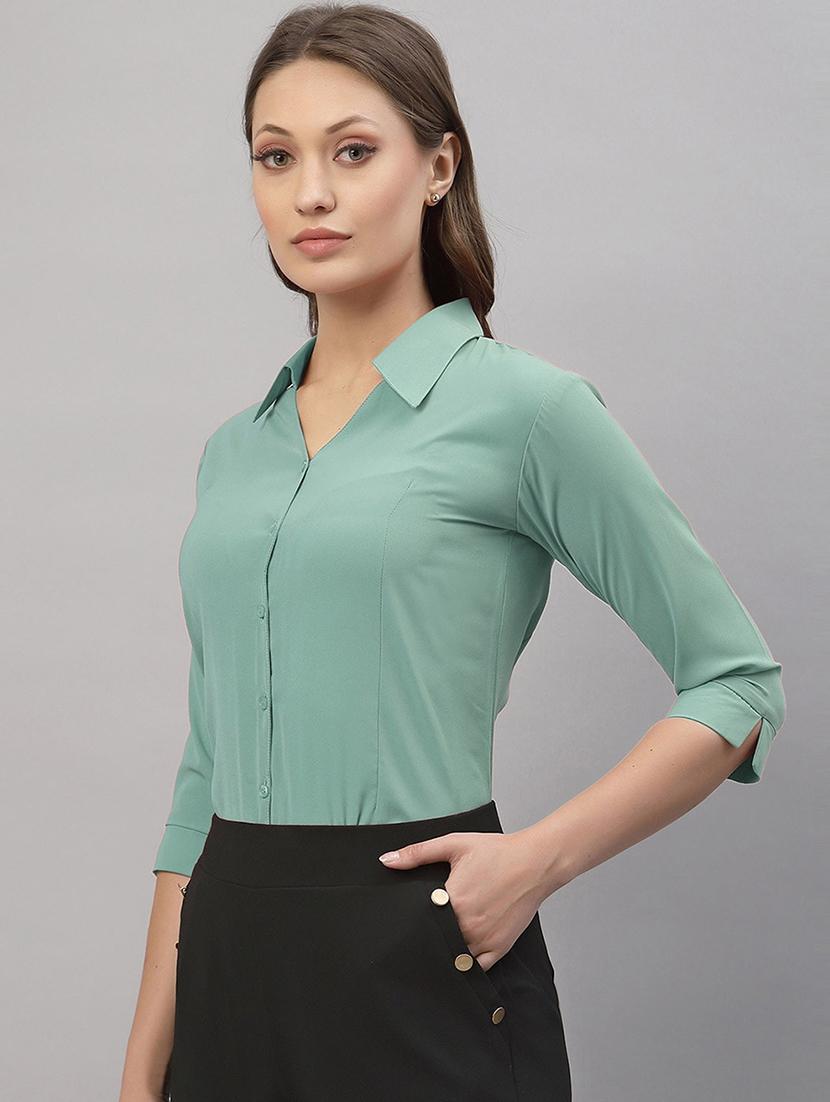women solid collared three quarter sleeve shirt - 22066320 - Standard Image - 2