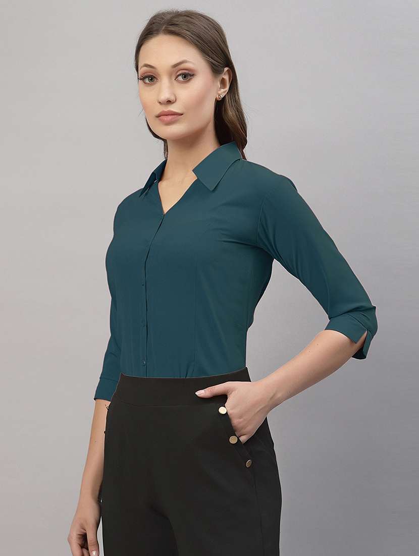 women solid collared three quarter sleeve shirt - 22066321 - Standard Image - 2