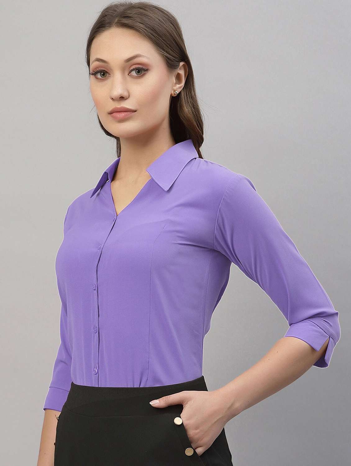 women solid collared three quarter sleeve shirt - 22066322 -  Standard Image - 2