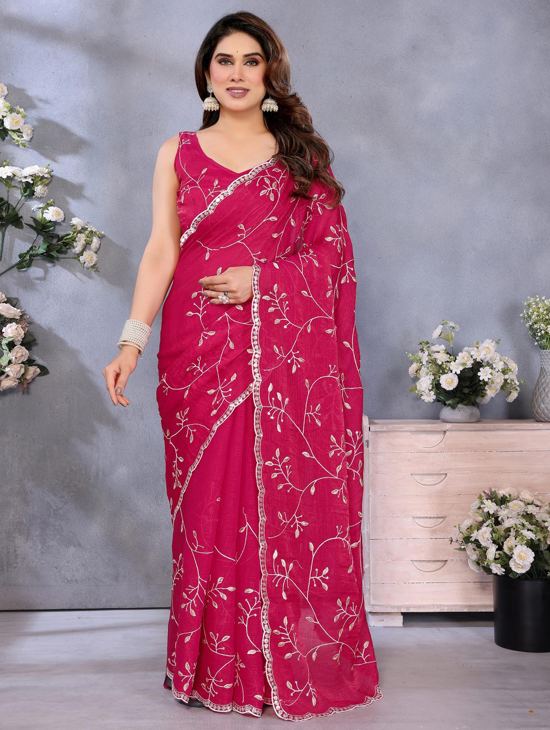 women solid with work embroidered saree with blouse - 22066327 - Zoom Image - 0