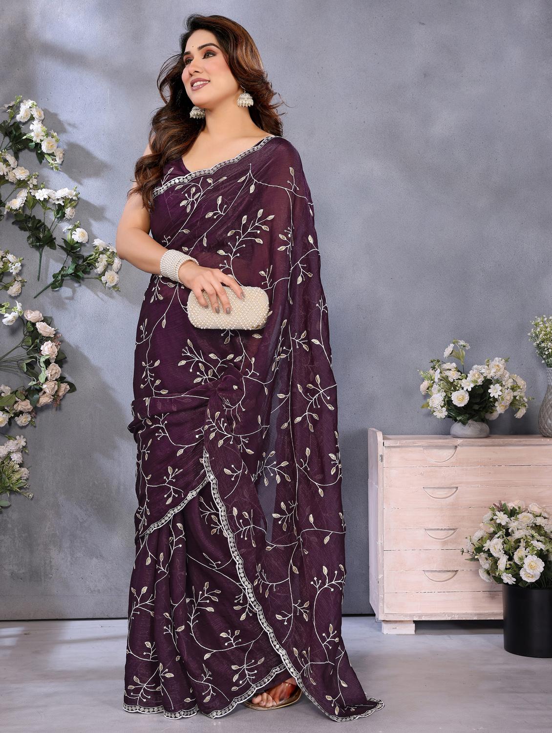 women solid with work embroidered saree with blouse - 22066329 - Standard Image - 2