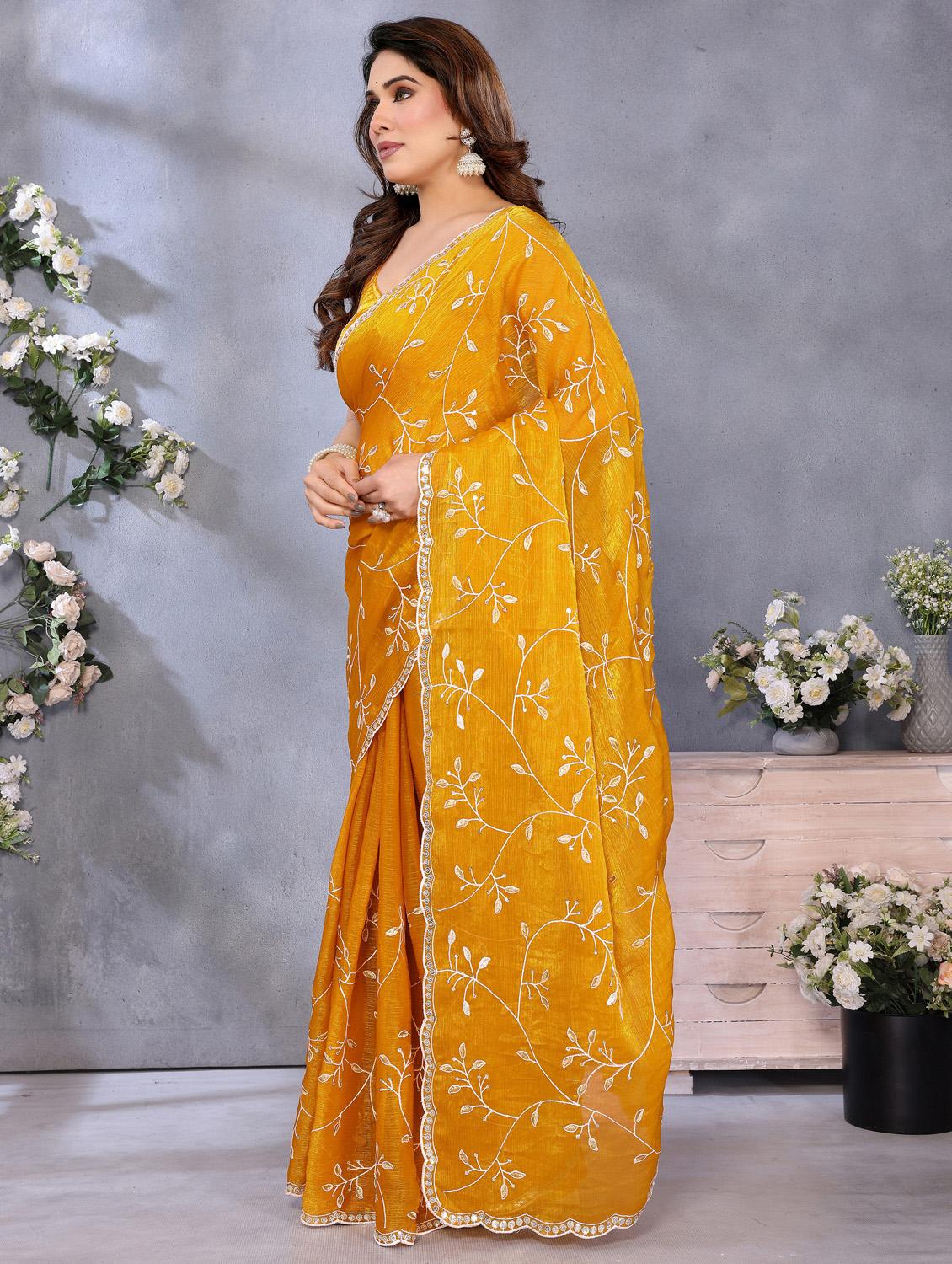 women solid with work embroidered saree with blouse - 22066330 - Standard Image - 2