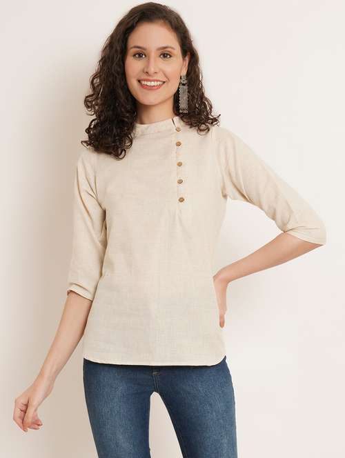 women solid mandarin neck regular top - 22066372 - Standard Image - 0