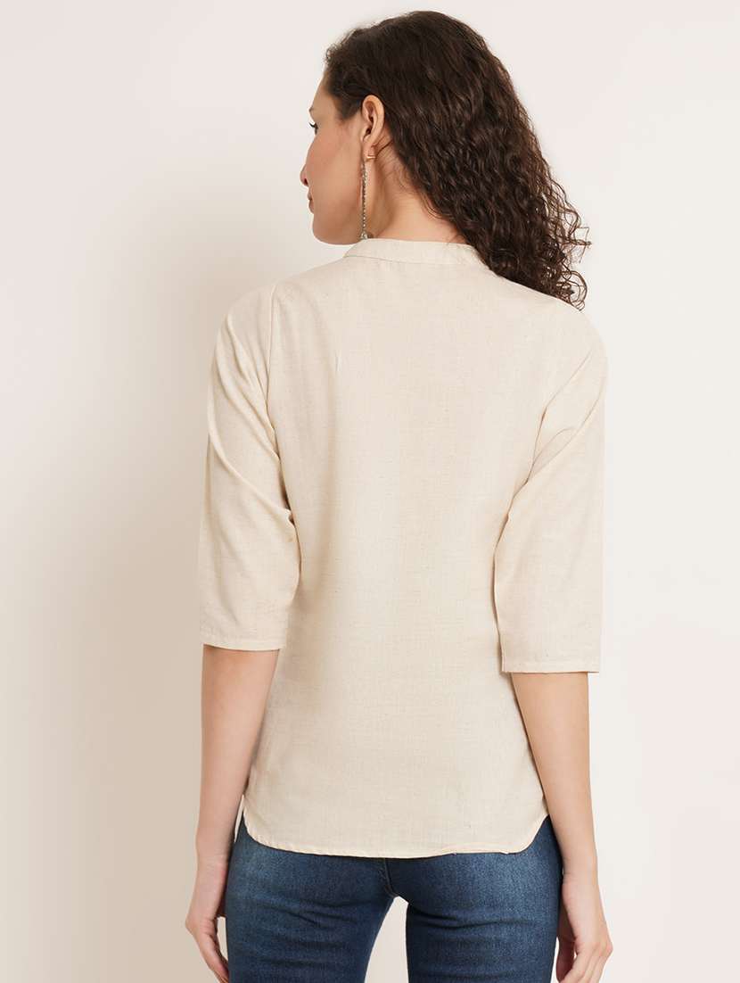 women solid mandarin neck regular top - 22066372 - Standard Image - 2