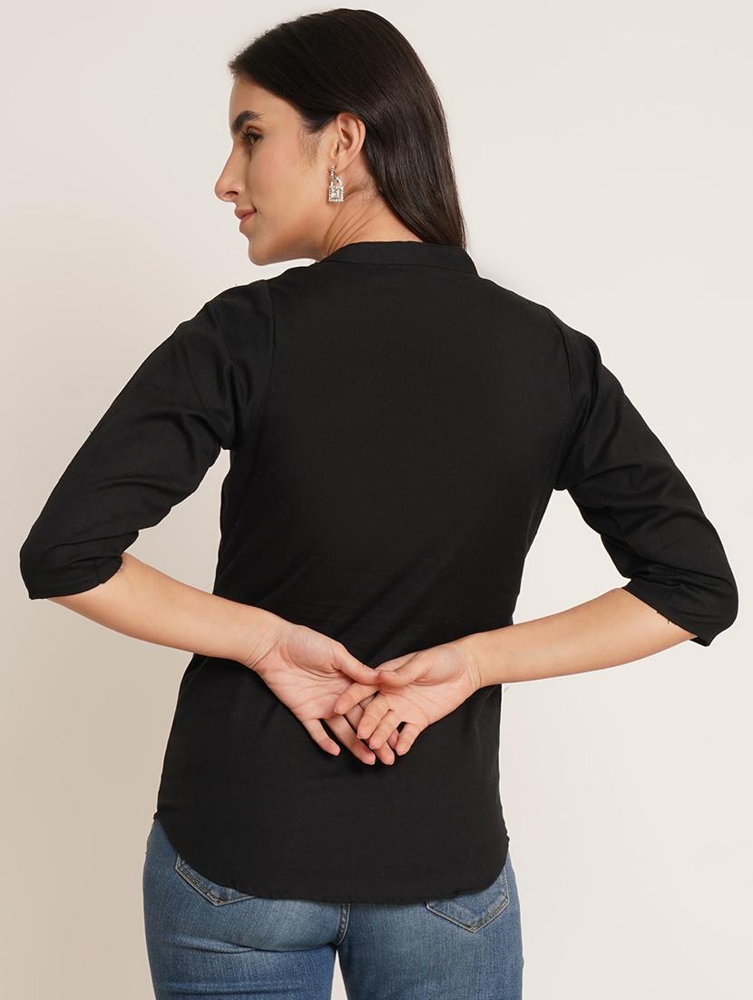women solid mandarin neck regular top - 22066373 - Standard Image - 2