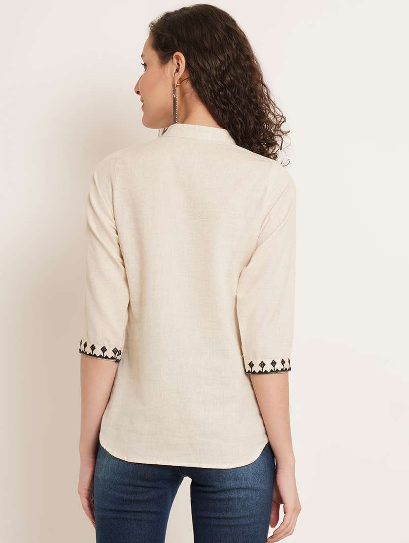 women solid mandarin neck regular top - 22066374 - Standard Image - 2