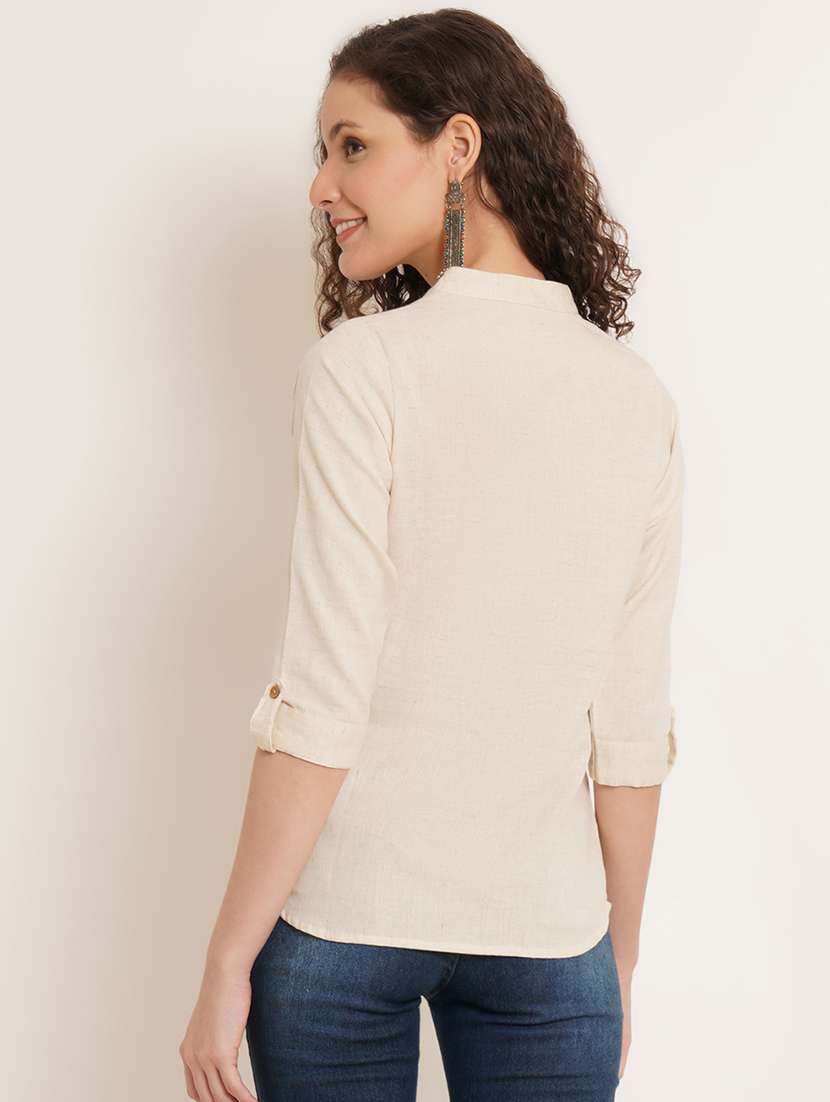 women solid mandarin neck regular top - 22066376 - Standard Image - 2