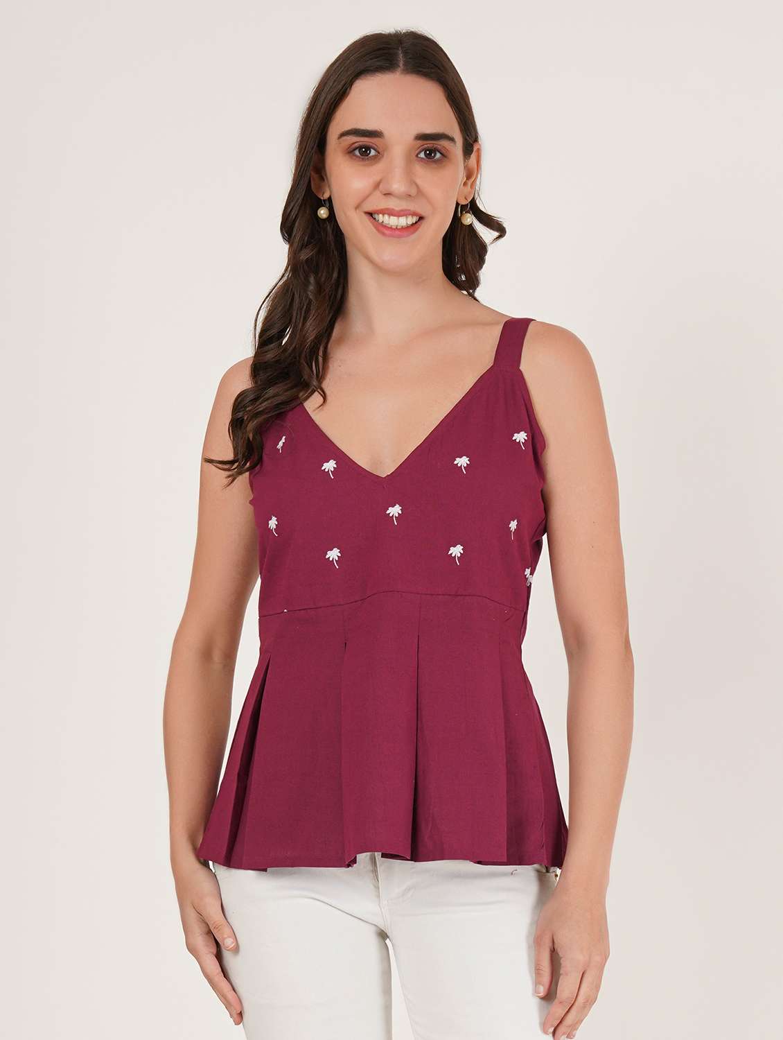 women embroidered shoulder strap peplum top - 22066380 - Zoom Image - 0