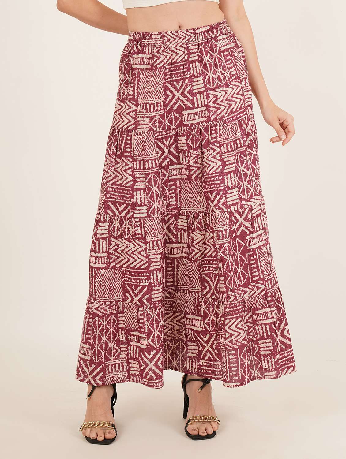 women printed mid rise tiered maxi skirt