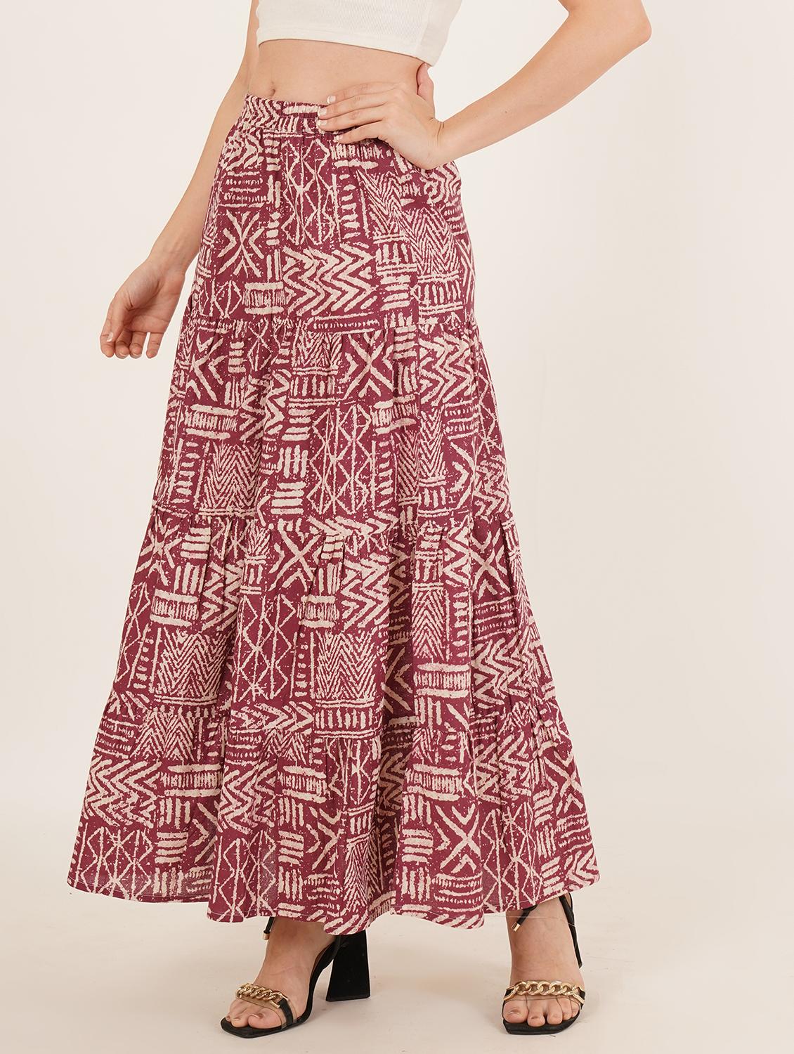 women printed mid rise tiered maxi skirt - 22066382 - Standard Image - 2