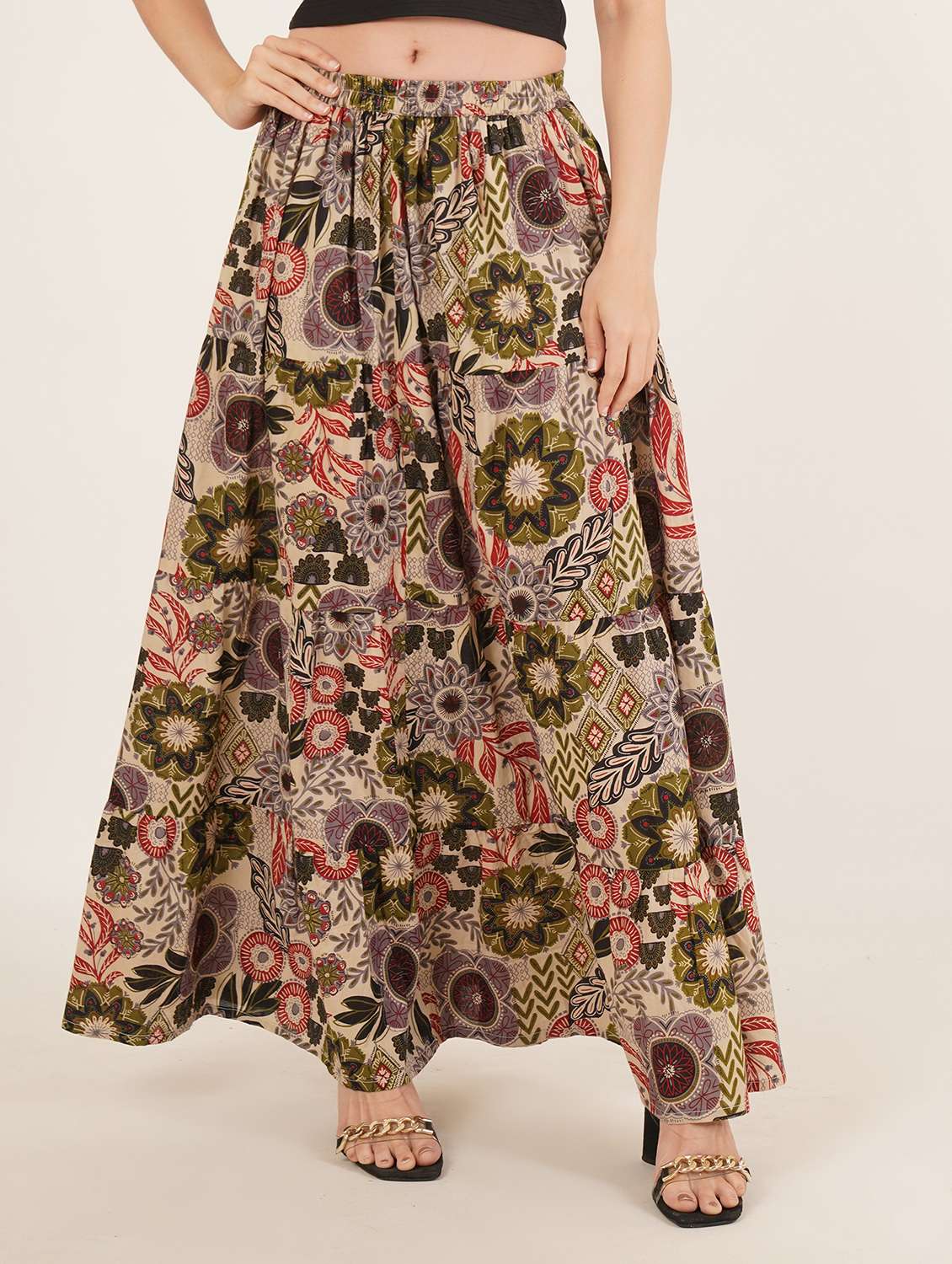 women printed mid rise tiered maxi skirt