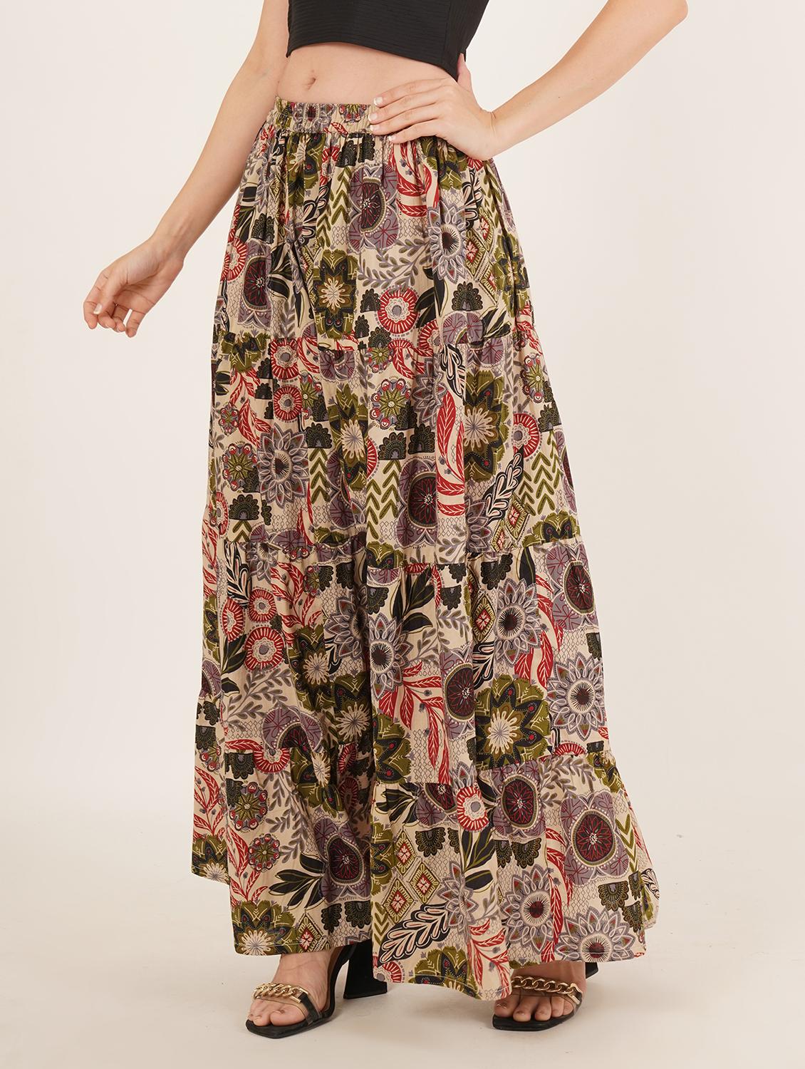 women printed mid rise tiered maxi skirt - 22066384 - Standard Image - 2