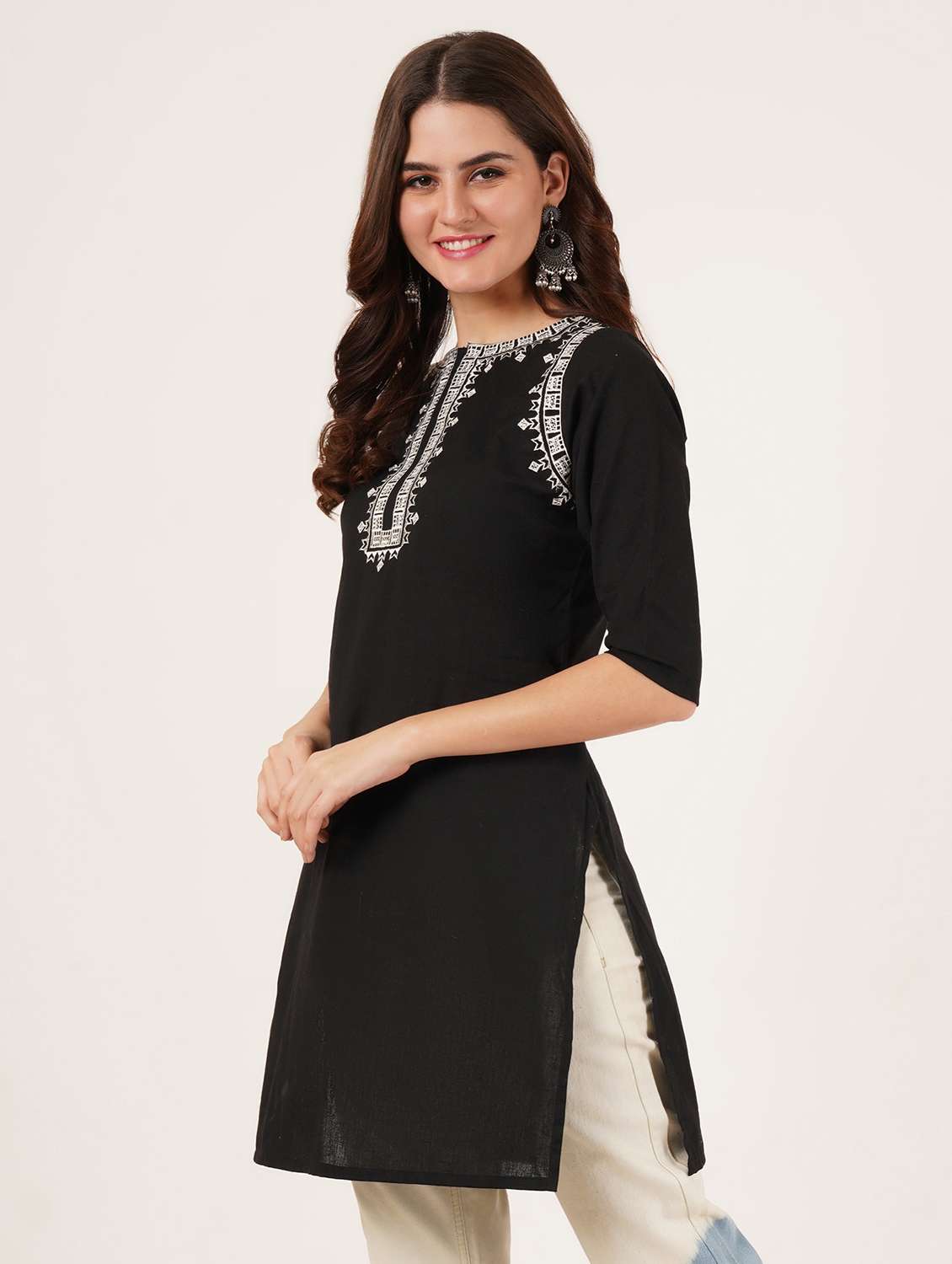 women embroidered three quarter sleeve straight kurti - 22068274 -  Standard Image - 2
