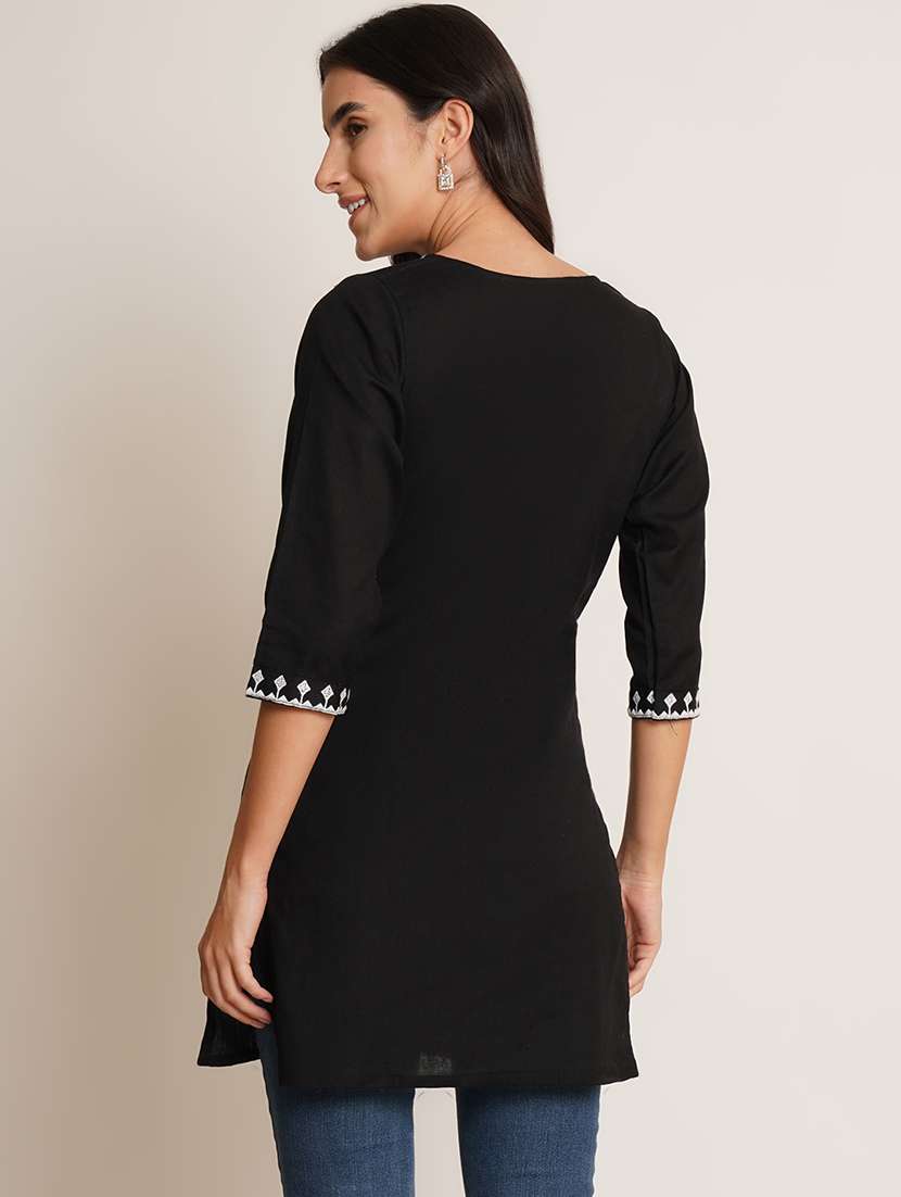women embroidered three quarter sleeve straight kurti - 22068279 -  Standard Image - 2