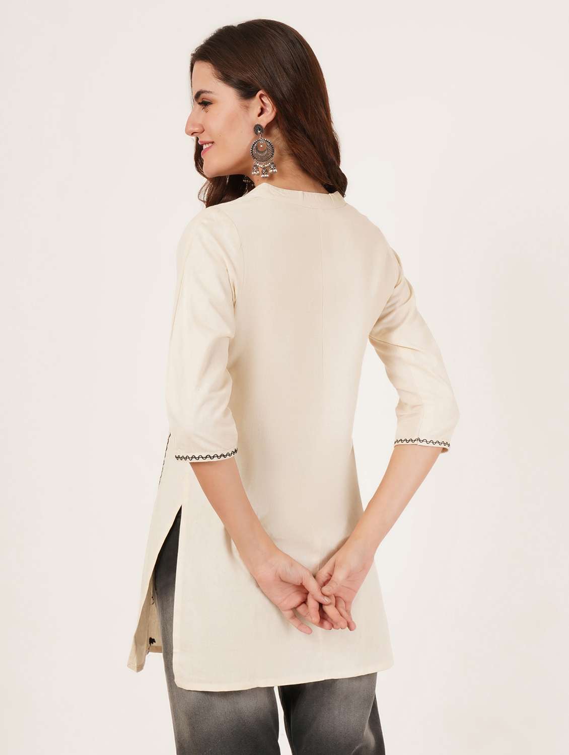 women embroidered three quarter sleeve straight kurti - 22068282 -  Standard Image - 2